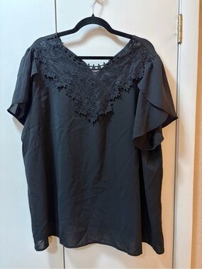 SHEIN Black Lace Yoke Flutter Sleeve Blouse
